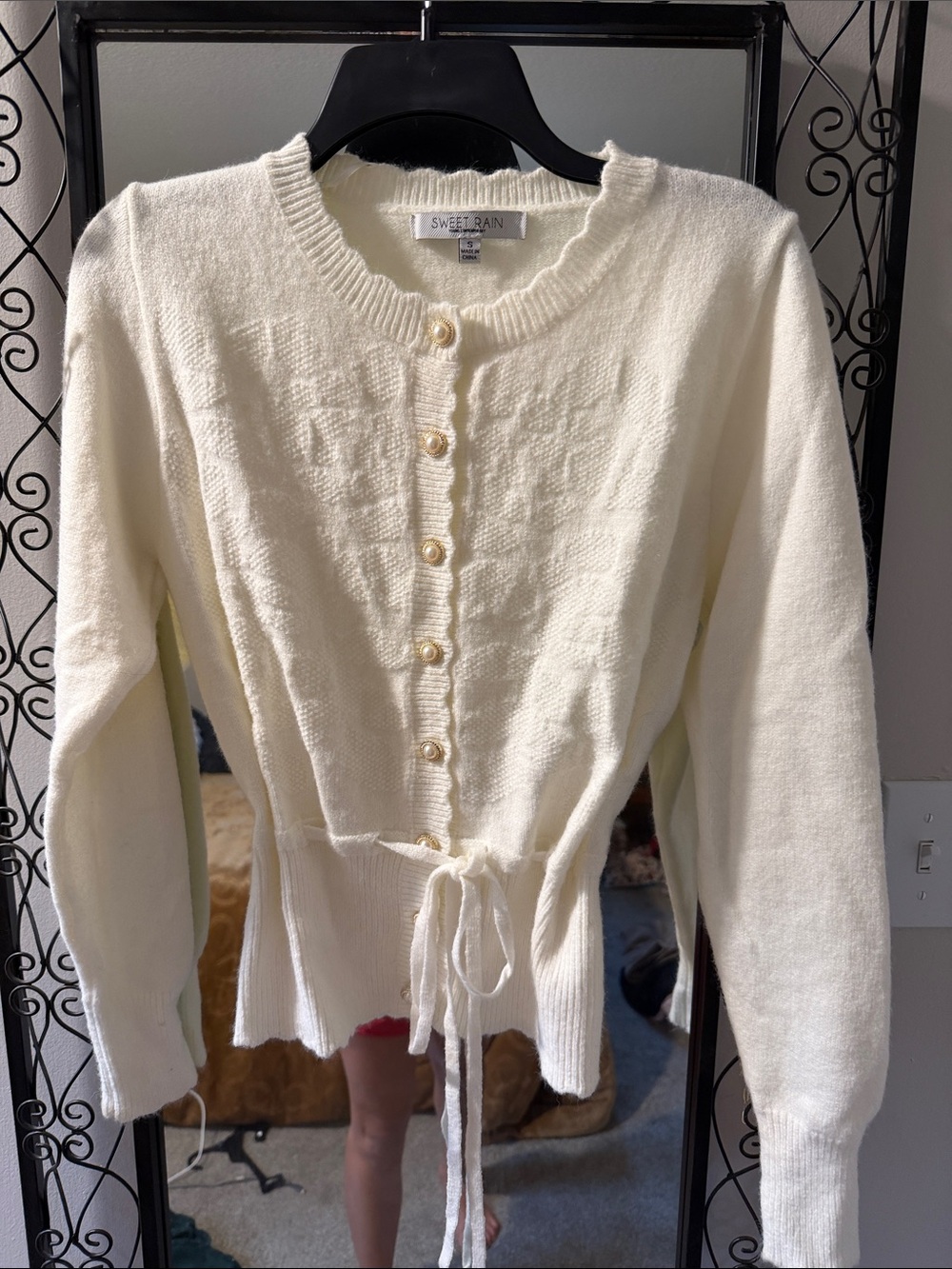 Sweet Rain Cream Button-Front Drawstring Cardigan